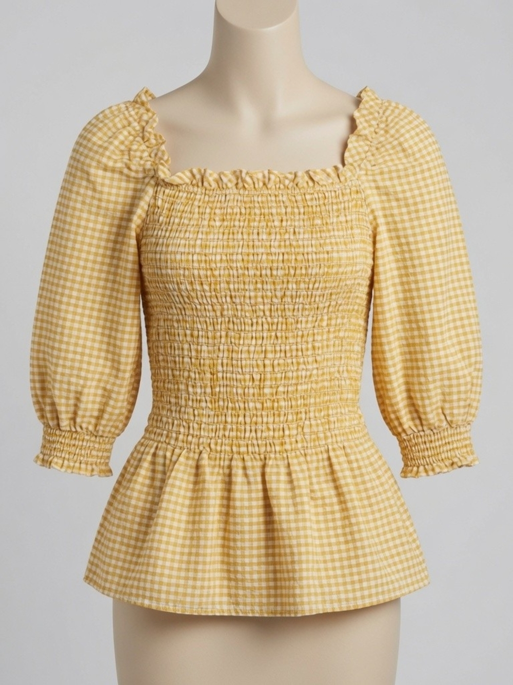 Max Studio Yellow Gingham Smocked Peplum Blouse
